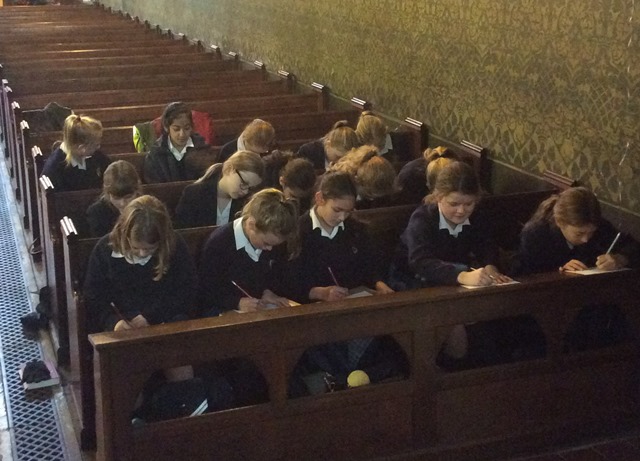 Pupils in pews, drawing